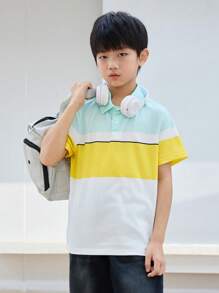 SHEIN Tween Boys' Loose Fit Casual Two Tone Stripe Polo Shirt With Turn-Down Collar Short Sleeve