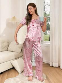Dream Adore Conjunto de pijama de mujer con parches de encaje en forma de moño, dulce y encantador