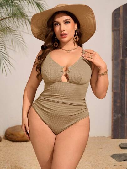 Swim Lushoire 大码纯色交叉背带露背女式连体泳衣，夏季海滩度假