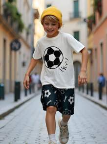 SHEIN Tween Boy Casual Minimalist Football Graphic Round Neck Short Sleeve Top And Shorts 2pcs Sleepwear Set, Loose Fit & Flame Retardant