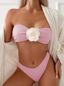SHEIN Swim 女士 3D 花卉装饰比基尼套装，夏季海滩度假 - 粉色 - 查看 1