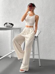 SHEIN EZwear Quần dài ống rộng cạp rút vải lanh màu mơ cỡ lớn cho mùa hè - Màu be - Xem 5