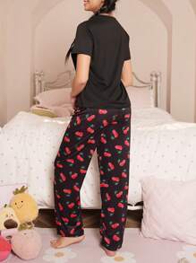 Cherry Print Round Neck Short Sleeve Long Pants Women Pajama Set