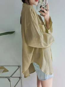 DAZY Women's Solid Color Regular Collar Oversized Shirt Long Sleeve Top - Khaki - View 2