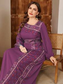 Al Najma Ropa de estilo árabe con diseño asimétrico estampado, de talla grande, recatado - Rojo violeta - Ver 5