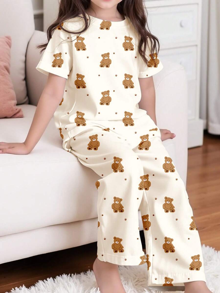 SHEIN Leap Crew 可爱熊图案少女休闲简约圆领短袖 T 恤和宽松长裤家居服，适合春夏季 - 彩色 - 查看 1