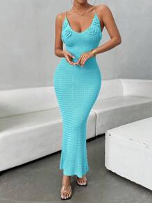 Chiquease Sexy Elegant Crochet Floral Pattern Backless Tie-Up Fish Tail Maxi Slip Dress For Dates - Blue - View 2