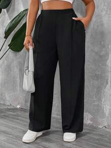 SHEIN PETITE CURVE Petite Plus Size Women's Solid Color Pleated Pants