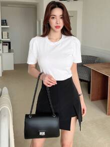 DAZY Puff Sleeve Solid Tee,Crop Tops Women - White - View 3