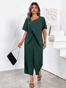 SHEIN LUNE Plus Size Elegant Solid Color Split Hem Short Sleeve Shirt Pants Set - Multicolor - View 5