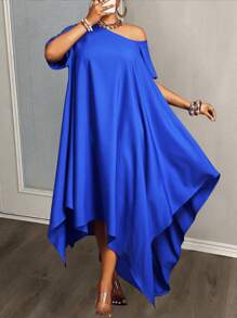 Slaydiva 2025 New Rave/Easter Outfit, Women Old Money Style, Country Concert Outfit, Going Out Outfit, Fairycore, Festival Outfit, Tropical Vacation, Women Summer Outfit, Summer Rave, European Summer, Spring Outfit, Western Wear For Plus Size Women, Concert, Graduation Outfit, Versatile Daily Casual Minimalist Sexy/Extremely Simple One-Shoulder Short Sleeve Loose Sleeveless Asymmetrical Hem Women Dress - ZZ - Blue - View 5