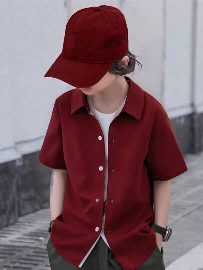 SHEIN Tween Boys' Casual Comfortable Solid Color Short Sleeve Shirt