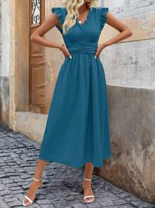 SHEIN Clasi Elegantes Damen Sommer Boho/Bohemien/Festival einfarbiges Kleid mit Rüschen-Saum und geraffter Taille, Maxikleid, Langes Kleid für Frauen