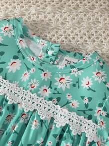 女婴褶皱花卉蕾丝拼接印花长袖睡衣裙，舒适家居服 - 綠色 - 查看 3