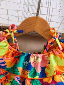 SHEIN Baby Girl Colorful Tropical Floral Print Off Shoulder Ruffle Top With Matching Skirt Pants Set, Suitable For Summer Vacation - Multicolor - View 3