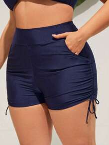Swim SPRTY Plus Size Women Solid Color High-Waist Pocket Bikini Shorts, For Vacation For Summer - Blue - View 2