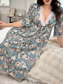 SHEIN Plus Size Lace Trim V-Neck Floral Pattern Sleep Dress, Cozy Outfit, Fall & Winter - Multicolor - View 3