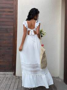 Sunnyshic Váy ren hở lưng đơn sắc giản dị cho kỳ nghỉ bãi biển hàng ngày đa năng dành cho nữ, mùa xuân/hè - trắng - Xem 1