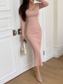 DAZY 女士纯色裹身方领中长连衣裙，优雅修身，春夏秋装，秋季女装长袖连衣裙