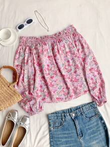 Comfortcana 女士度假花卉印花荷叶边露肩长袖宽松衬衫 - 粉色 - 查看 3