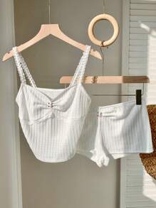 Comfortcana Conjunto informal de 2 piezas de mujer con camiseta de tirantes con volantes de encaje y contraste de color, y shorts - Blanco - Ver 7