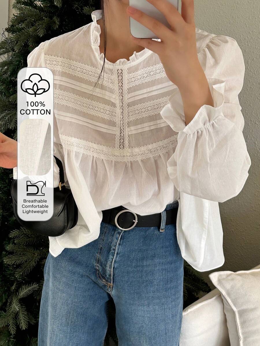 DAZY Áo sơ mi nữ cổ đứng, ren, màu trơn, tay dài, bèo nhún, quần áo mùa thu - trắng - Xem 1