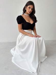 Firerie 女士优雅、精致、浪漫、时尚魅力、日常、通勤、派对、婚礼嘉宾、节日甜心领腰部镂空泡泡袖黑白撞色高腰褶皱 A 字裙 - 黑與白 - 查看 3