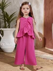 年轻女孩 2 件套：编织纯色圆领荷叶边下摆上衣和编织宽松阔腿裤