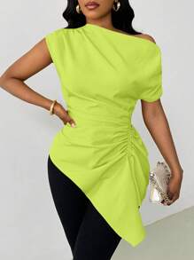 VaVaBold Camicetta di moda da donna con scollo asimmetrico verde fluorescente e arricciatura