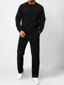 Manfinity Homme Conjunto casual de sudadera de cuello redondo de unicolor de manga larga y pantalón de chándal para hombre