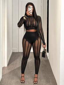 BamGleam Sexy Sheer Mesh Cropped Top And Slim Fit Long Pants Set - Black - View 1