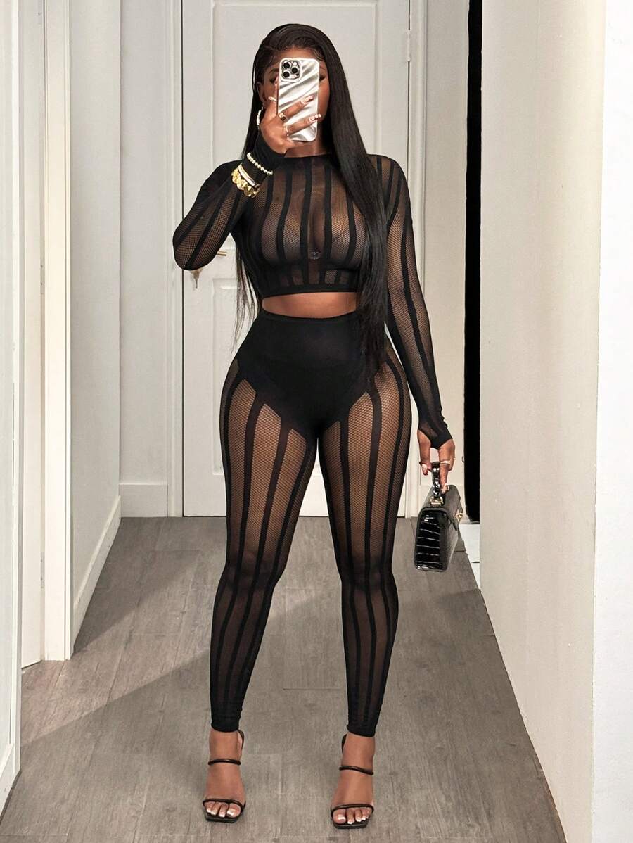 BamGleam Sexy Sheer Mesh Cropped Top And Slim Fit Long Pants Set - Black - View 1