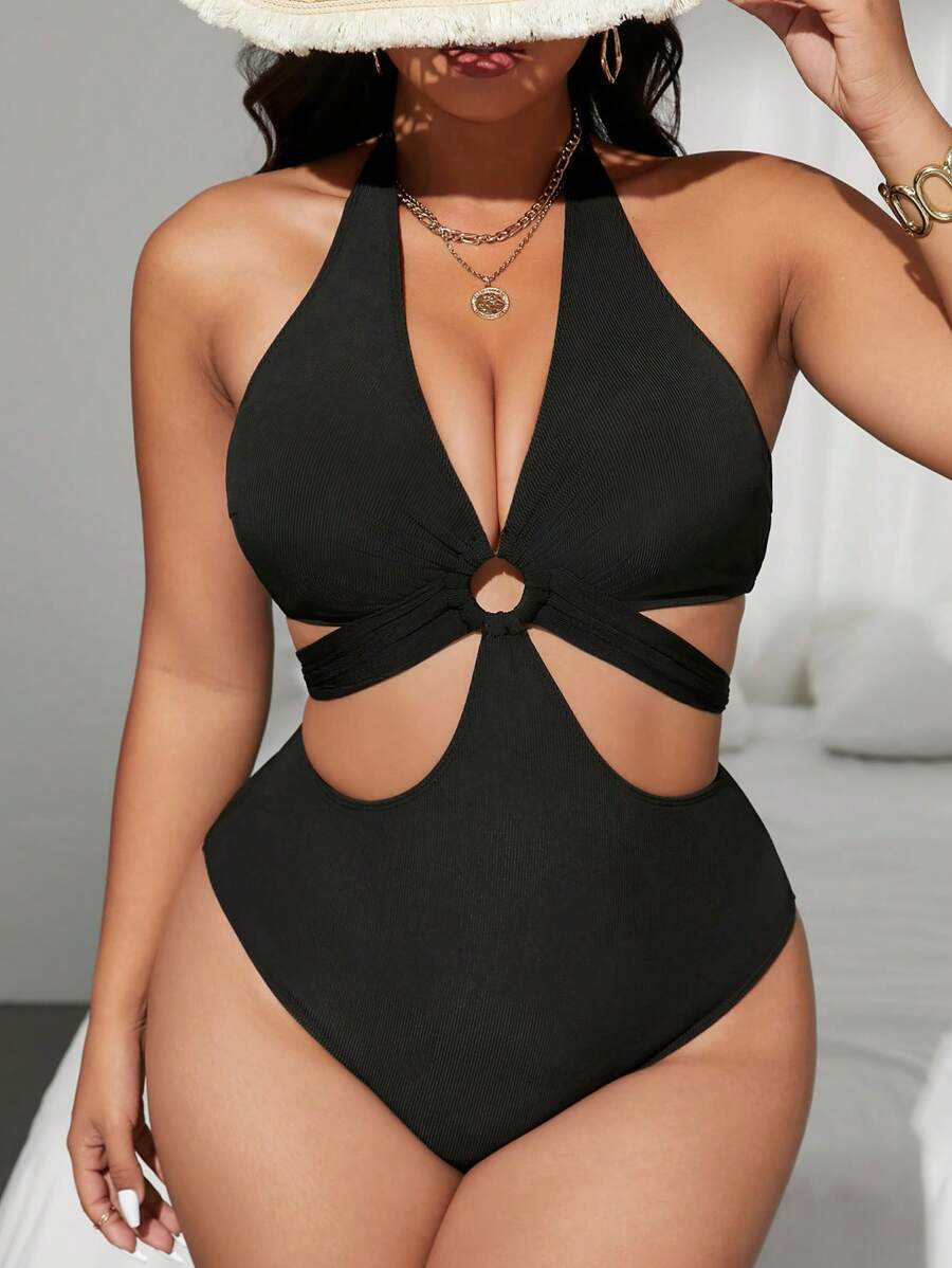 Swim SXY Bộ đồ bơi liền thân hở lưng màu trơn cỡ lớn, hở lưng, dây mảnh, dành cho bãi biển mùa hè - màu đen - Xem 1