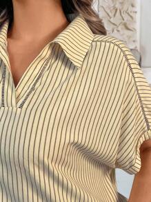 SHEIN LUNE Plus Size Striped Polo Collar Short Sleeve Blouse, Summer, St. Patrick's Day Rave, Festival Spring Break Boho - Multicolor - View 3