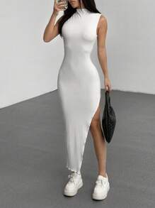 SHEIN Unity Vestido ajustado de cuello redondo acanalado blanco con abertura lateral alta, casual y elegante, versátil para uso diario y de oficina, primavera y verano para mujer - Blanco - Ver 3
