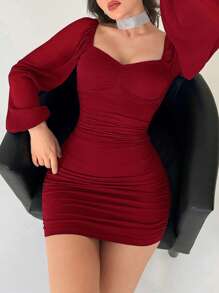 Aloruh 女用甜心領燈籠袖修身連身裙 - 紅色 - 查看 6