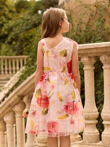 SHEIN Tween Girl Floral Water Print Ruffle Hem Dress, Elegant - Multicolor - View 2