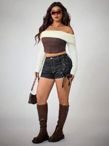 Jeanoix Pantaloni scurți din denim pentru femei, stil cowboy occidental, mărime plus, la modă, spălati, albastru închis, cu elastic ridicat, cu bowknot, de vară - Spălare întunecată - Vizualizare 8