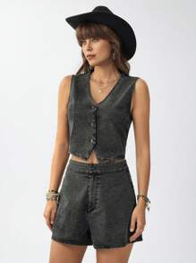 SHEIN LUNE Women V-Neck Button Tank Top And Casual Shorts Set, Summer Washed Vacation 2 Pieces Outfit - Black - View 3