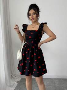 Rafferiza Elegant Random Heart Print Tie Back Backless Cap Sleeve Mini Dress - Red and Black - View 7