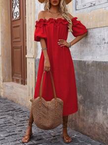 Breezaya Women's Fashionable Off Shoulder Ruffle Trim Slit Dress Maxi Vacation Beach Outfit - Red - View 1