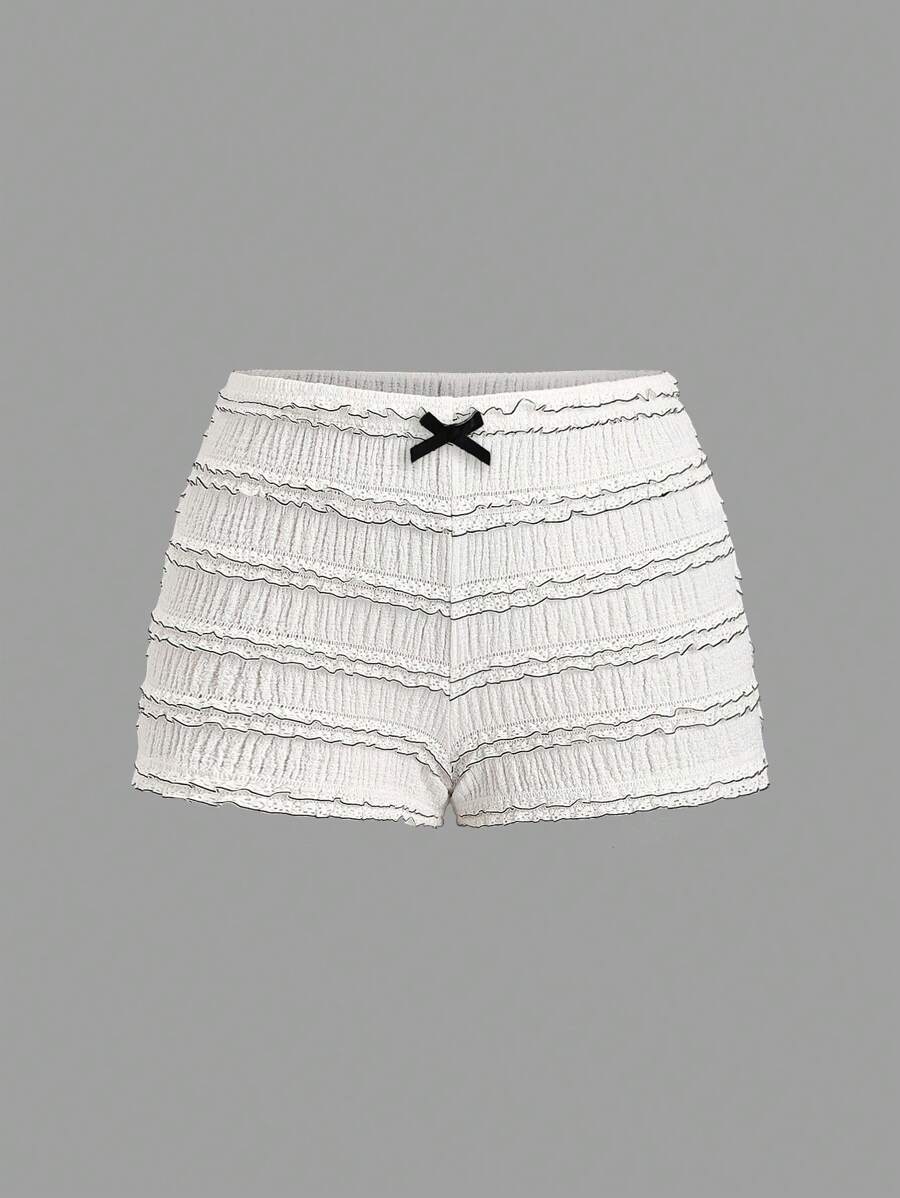 Sweetra Shorts de mujer con textura, cintura elástica, volantes de encaje y lazo a contraste - Albaricoque - Ver 1