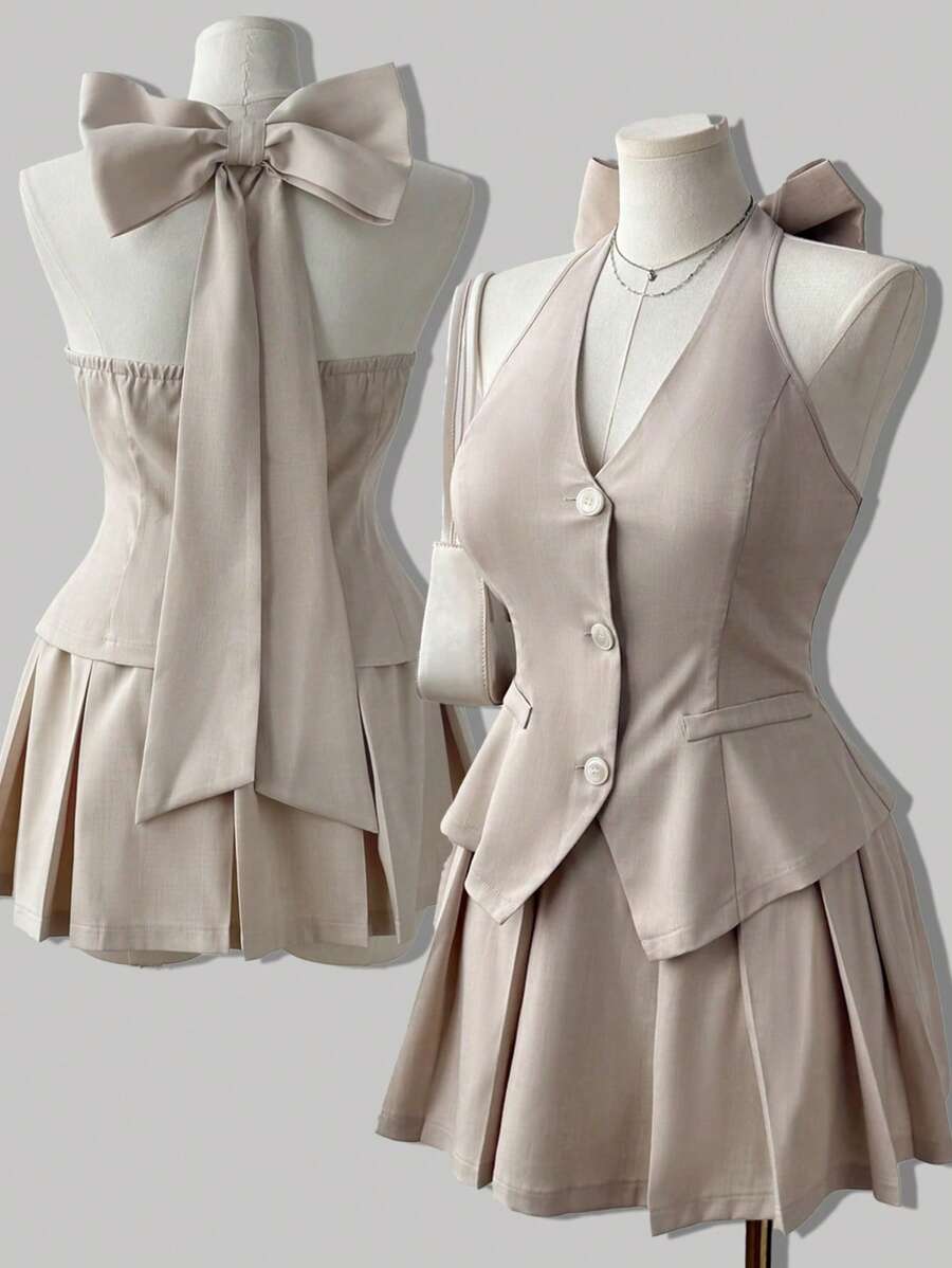 Sunspun Bộ váy mini xếp ly nơ dễ thương cỡ lớn và áo vest hai mảnh, phong cách công sở/trường học ngọt ngào dành cho nữ - Màu be - Xem 1