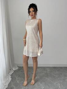 Chiquease 优雅香槟色亮片露背无袖短款上衣 A 字裙 - 香檳色 - 查看 3