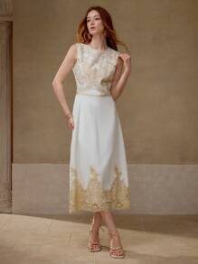 MOTF PREMIUM CONTRAST LACE ZIPPER DRESS - Beige - View 7