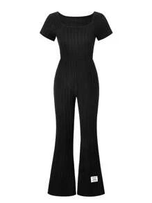 Girls Big Tween Girl' Knitting Wide Stripes Short Sleeve Flare Pants Jumpsuit, Spring/Summer