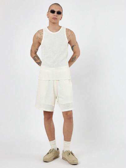 SUMWON Ribbed Tank Top Co-Ord Set Summer Athletic Sleeveless Workout Lounge Beach Casual Two-Piece Matching Set Streetwear Sports Leisure Relaxed Fit