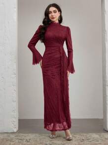 Graceveil Women's Elegant Conservative Luxurious Arabic Style Woven Lace Bell Sleeve Dress - Burgundy - View 7