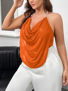 Firerie Plus Size Women Elegant Glitter Layered Ruffle Draped Neck Rhinestone Chain Strap Party, Wedding, Ball Cami Top, Suitable For Spring/Summer