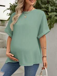 SHEIN 孕妇纯色圆领蝙蝠袖休闲宽松衬衫 - 綠色 - 查看 1